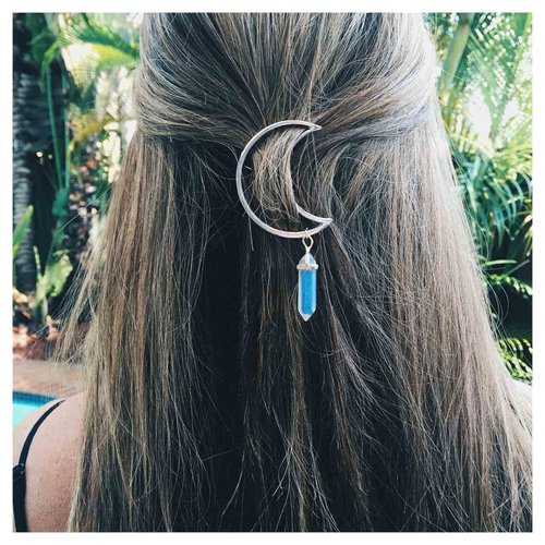 Andelaisi Boho Moon Hair Clip Vintage Hollow Crescent Hairclip Natural Stone Pendant Hairpin Hexagonal Crystal Drop Hair Barrette Clip Hair Accessory for Women and Girls Headdress