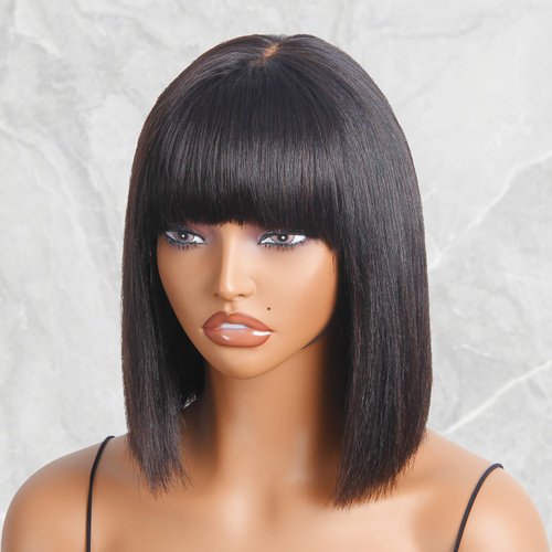 HAIRHOBBY Bob Wigs With Bangs Human Hair, 10 Inch Light Yaki Straight Realistic 2x1 HD Lace Short Black Bob Wigs For Black Woman, Wear and Go Blunt Cut Glueless Bob Wig 180 Density