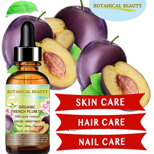 Botanical Beauty Organic PLUM OIL French. 100% Pure Natural Virgin Unrefined Undiluted Cold Pressed Carrier Oil. For Face, Skin, Hair, Body, Lips, Nails 4 Fl.oz - 120 ml