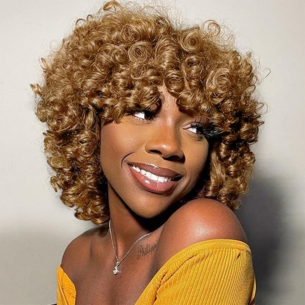 KESEN Short Curly Wigs for Black Women Big Curly Wig with Bangs Afro Kinky Curls Human Hair Wig for African American Women 30 Colour 8 inch