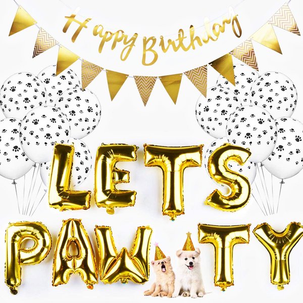 Legendog 23PCS Dog Party Decor Set Fashion Party Banner Cone Hat Party Balloon with Pump (Golden)