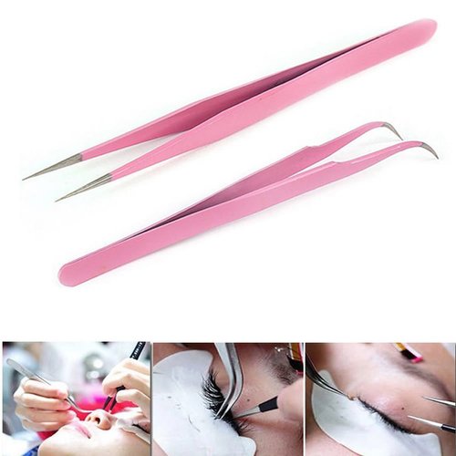 AKOAK 2 Pieces Stainless Steel Tweezers for Eyelash Extension - Straight and Curved Tip Tweezers - Pink