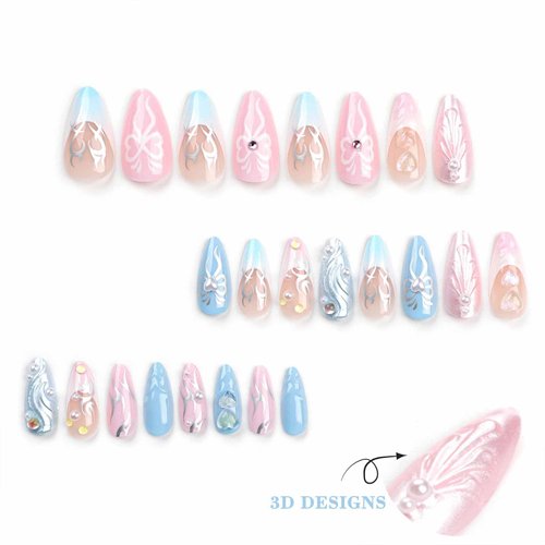IMSOHOT Press on Nails Medium Almond Fake Nails Pink Blue Cute Glue on Nails with 3D Seashell Wave Texture Designs Full Cover Y2K Glossy Acrylic French False Nails Tips for Women and Girls 24Pcs