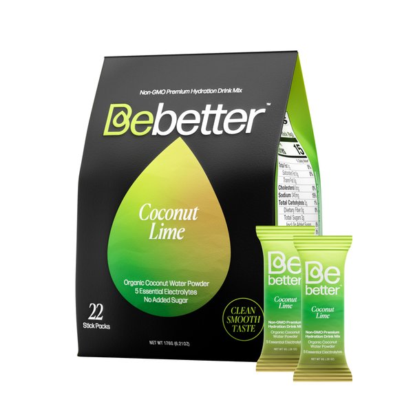 Bebetter Organic Electrolytes Powder Packets | Daily Electrolyte Drink Mix | Organic Coconut Water | No Artificial Flavors | Sugar Free Hydration Packets | Non-GMO | 22 Sticks Pack (Coconut and Lime)