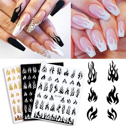 12 Colors Flame Nail Art Stickers, 3D Fire Self-Adhesive Sticker Design, Laser Gold Silver Red Black White Pink Yellow Green Flame Nail Transfer Decals Supplies for Women Manicure Decorations