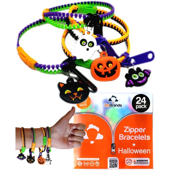 UpBrands Halloween Party Favor For Kids Zipper Bracelets Bulk Set, Kit for Birthday, Goodie Bags & Pinata Filler, Halloween Basket Stuffers, Fidget Toys, Sensory Friendship Jewelry (24 Pack)