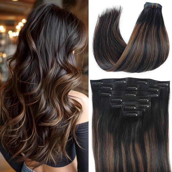 Seamless Clip in Hair Extensions Human Hair, 12 Inch Remy Human Hair Extensions Clip Ins Ombre Natural Black to Chestnut Brown Straight Invisible PU Clip in Real Human Hair Extensions 90g 7pcs