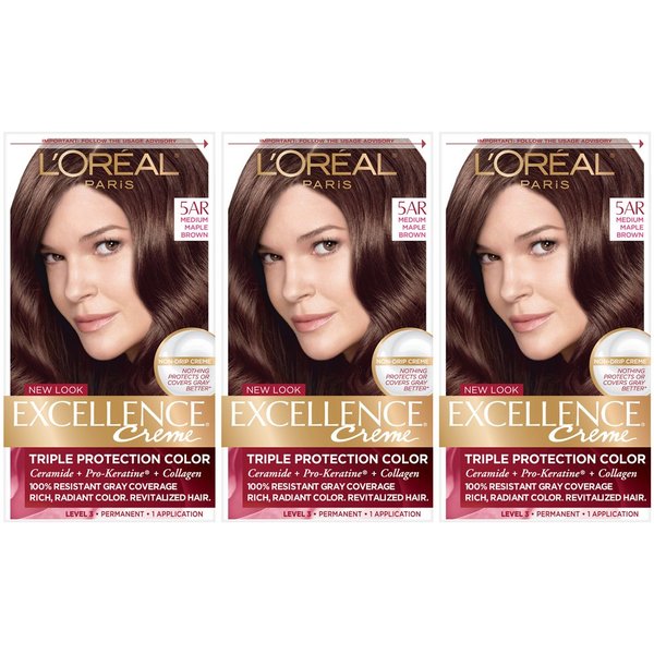 L'Oreal Paris Excellence Creme Permanent Hair Color, 5AR Medium Maple Brown (3 Count)