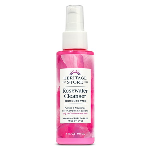 HERITAGE STORE Rosewater Facial Cleanser, pH Balanced Milk Wash Purifes & Nourishes with Squalane & Rose Complex, Dry to Combination Skin Care, 60-Day Money-Back Guarantee, Vegan & Cruelty Free, 4oz