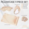 Satin Pillowcase with Eye Mask Scrunchies 5-Piece Set Pillowslip Sleep Eyeshade Headband Hair Ring for Women (Beige)