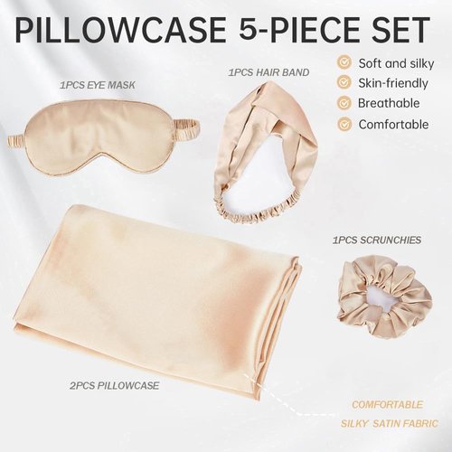 Satin Pillowcase with Eye Mask Scrunchies 5-Piece Set Pillowslip Sleep Eyeshade Headband Hair Ring for Women (Beige)