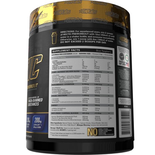 EHP Labs Hectic PreWorkout - High Stim Advanced Pre Workout Powder for Max Performance - Caffeine, Beta Alanine, Coconut Water - Energy, Pump, Recovery & Hydration - 40 Serves (Blue Raspberry)