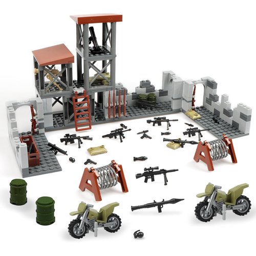 Finger Rock Military Base Building Block Set, WW2 Army Mini War Accessories Kits, Military Ruins Guard Tower Guns Army Supplies Block Toy for Kids 8 10 12 14