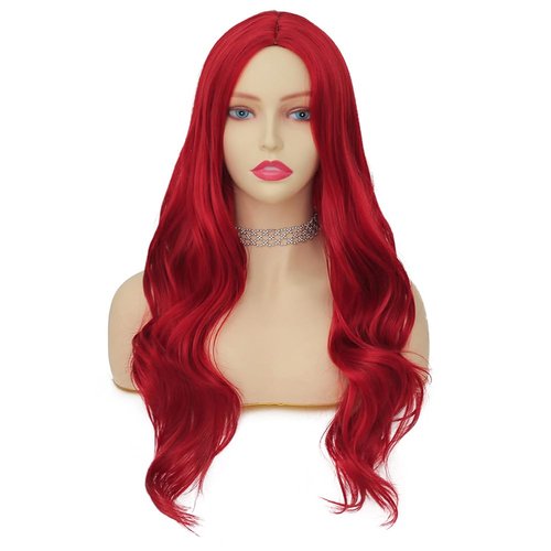 Tseses Womens Red Curly Wig Long Wavy Middle Part Synthetic Wigs for Halloween Cosplay Wig