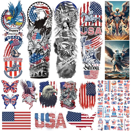 Aresvns Independence Day Temporary Tattoo, USA Flag Sleeve Tattoo, Red White and Blue Party Supplies, 4th of July, Memorial Day, Labor Day Decorations Tattoos Patriotic Tattoos