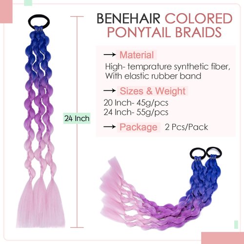 Benehair Colored Braids Hair Extensions with Rubber Bands, Rainbow Braided Synthetic Hairpieces 2pcs/Pack Ombre Braiding Hair Pre Stretched Colored Hair Extensions for Braiding Ponytail Hair Accessories for Women Kids Girls Party Dress Up Highlight 24 Inc