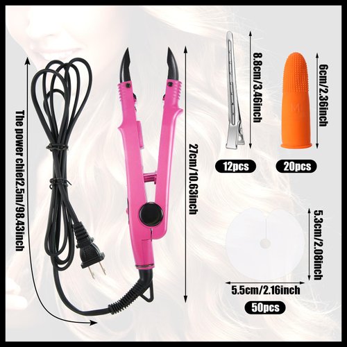 Lothee Fusion Hair Extension Tools Keratin Hair Extension Fusion Heat Iron Hair Extension Heat Tool with Fusion Glue Protector Template Hair Clips Finger Protector 2 Bags Keratin Glue Granule (Pink)