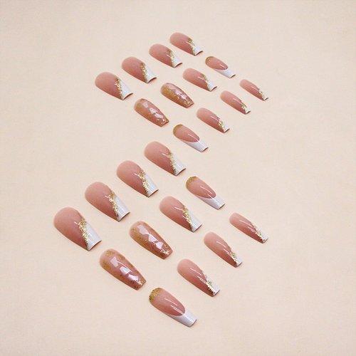 Medium Square Press on Nails Gold Foil Fake Nails French Tip False Nails with Golden Glue on Nails Glitter Acrylic Nails White Tip Press Ons Stick on Nails for Women Manicure Art 24 Pcs