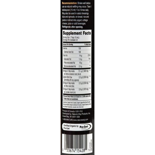 Nature's Way Organic Flax Oil Super Lignan, Omega-3, Omega-6, Omega-9 Fatty Acids**, Cold-Pressed, 16 Fl Oz (Packaging May Vary)