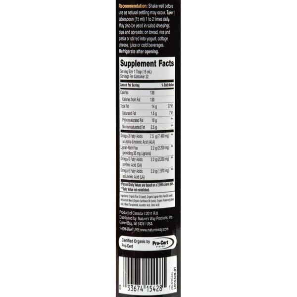 Nature's Way Organic Flax Oil Super Lignan, Omega-3, Omega-6, Omega-9 Fatty Acids**, Cold-Pressed, 16 Fl Oz (Packaging May Vary)