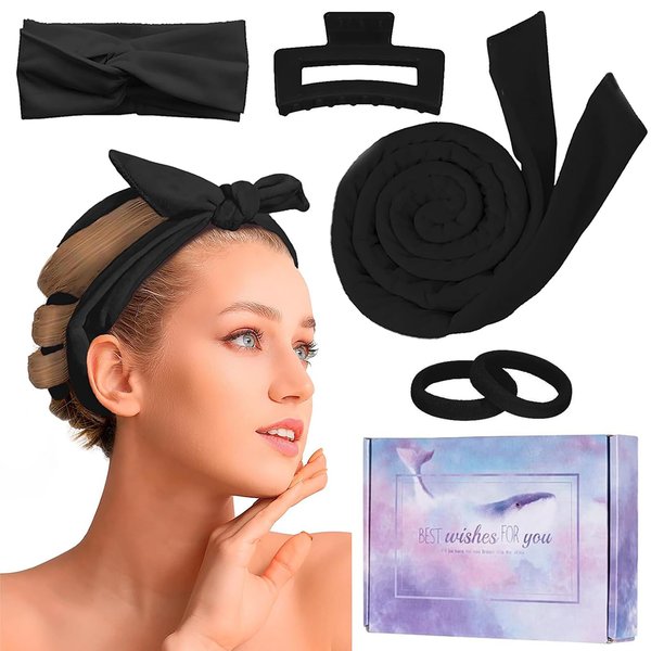 Bieyoc Heatless Hair Curler, Velvet Heatless Curling Rod Headband for Long Medium Hair, Overnight Heatless Curls For Women (Black)