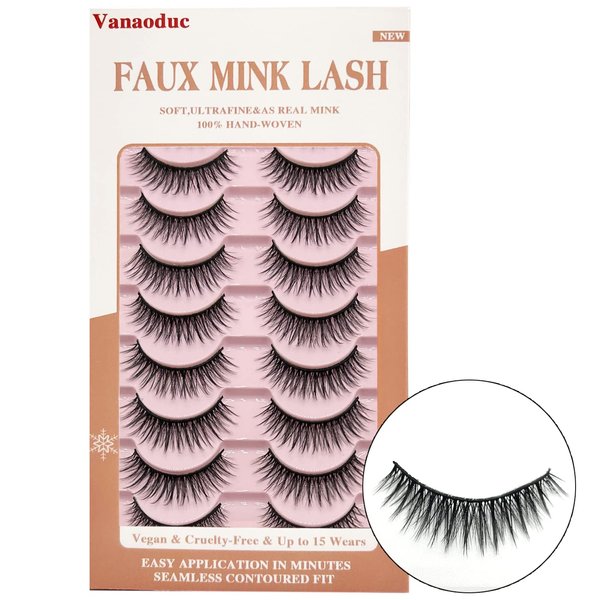 VANAODUC Lashes Wispy Eyelashes 3D Mink False Lashes Natural Look Round Long 7-13MM Fake Eyelashes Strips 10 Pairs Pack, Lightweight & Comfortable, Reusable, Cruelty-Free