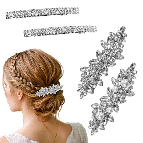 4Pcs Bridal Rhinestone Hair Clip Crystal Flower Hair Barrettes for Women Sparkle Diamond Hair Accessories Elegant French Hairpins for Women Girls Bridal Wedding Accessories