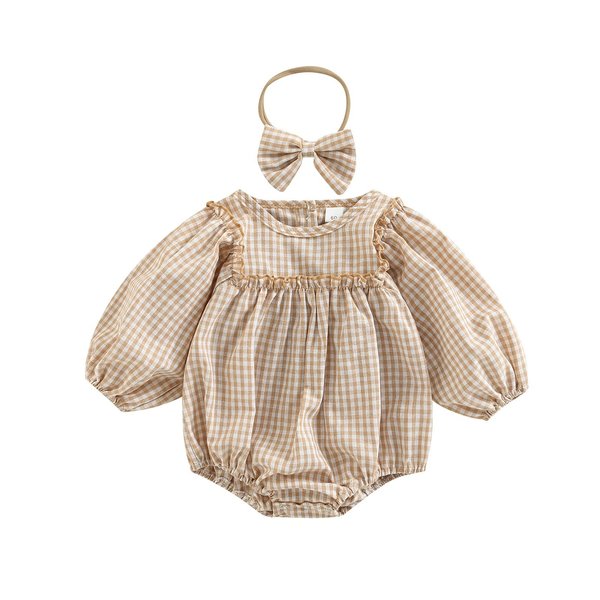 Douhoow Infant Baby Girl Plaid Romper Baby Sweatshirt Romper Ruffle Festival Clothes Fall Winter Outfits with Headband (Khaki plaid, 6-12 Months)