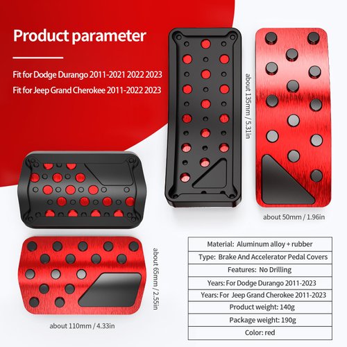 TDOFYH Aluminum Alloy Pedal Cover for Jeep Grand Cherokee Dodge Durango 2011-2024 No Drilling Aluminum Brake and Accelerator Pedal Covers 2PCS(Red)
