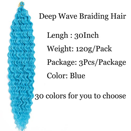 30inch Ocean Wave Braiding Hair Extensions 3packs Long Deep Curly Wave Braid Hair Synthetic Twist Ripple Crochet Deep Wave Braids Hair for Women 100g/pack(30",Blue)