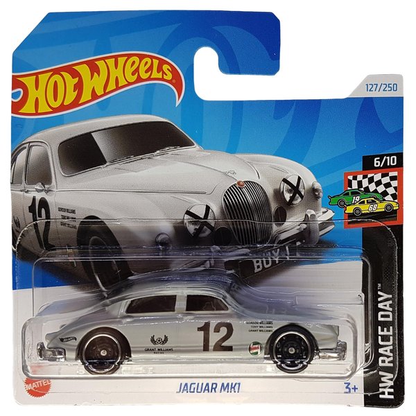 Hot Wheels Jaguar MK1 Silver Race Car, 6/10 in HW Race Day Series