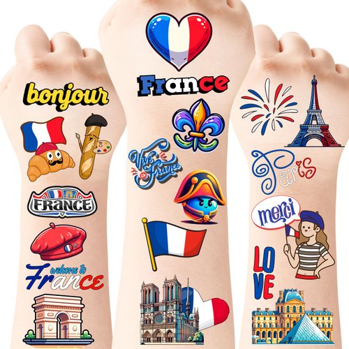 France Temporary Tattoos, 96pcs French Temporary Tattoos, Htabiol French Decorations, France Party Decorations, French Party Favors, Fit for Paris Party, French Birthday Party, French Classroom