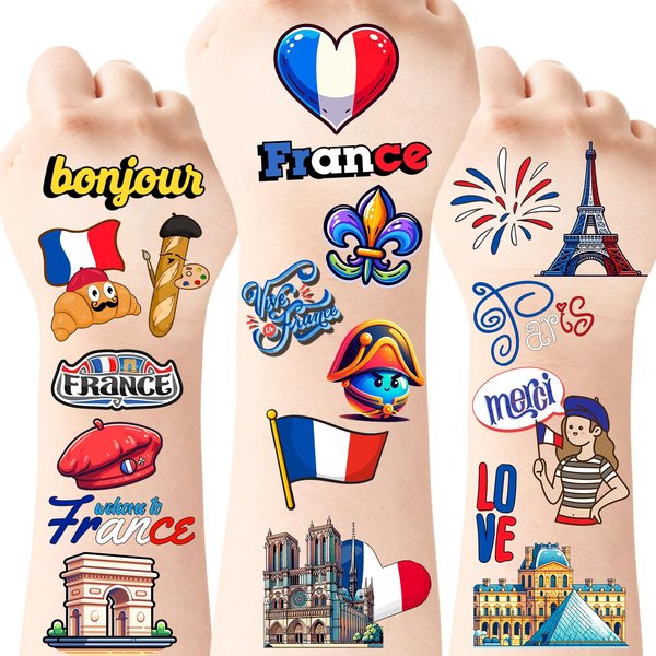 France Temporary Tattoos, 96pcs French Temporary Tattoos, Htabiol French Decorations, France Party Decorations, French Party Favors, Fit for Paris Party, French Birthday Party, French Classroom