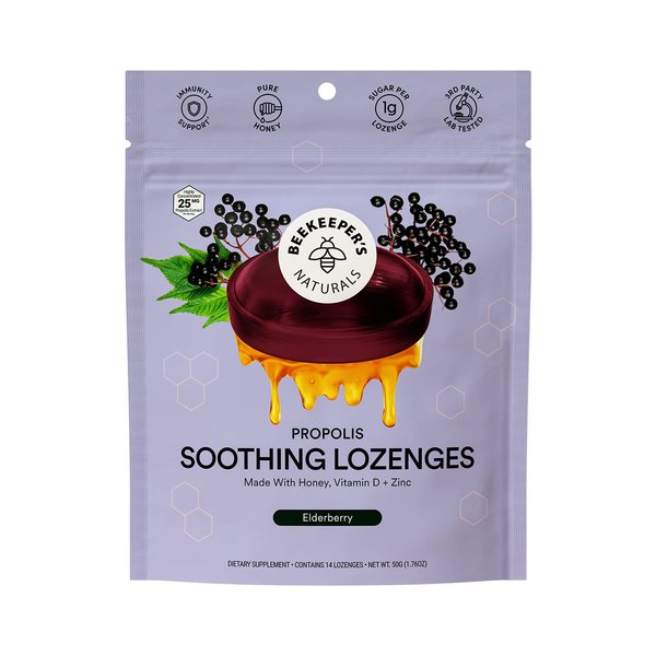 Beekeeper's Naturals Soothing Honey Elderberry Cough Drops Immune Support with Vitamin D, Zinc and Propolis Throat Soothing Lozenges, 14 Ct