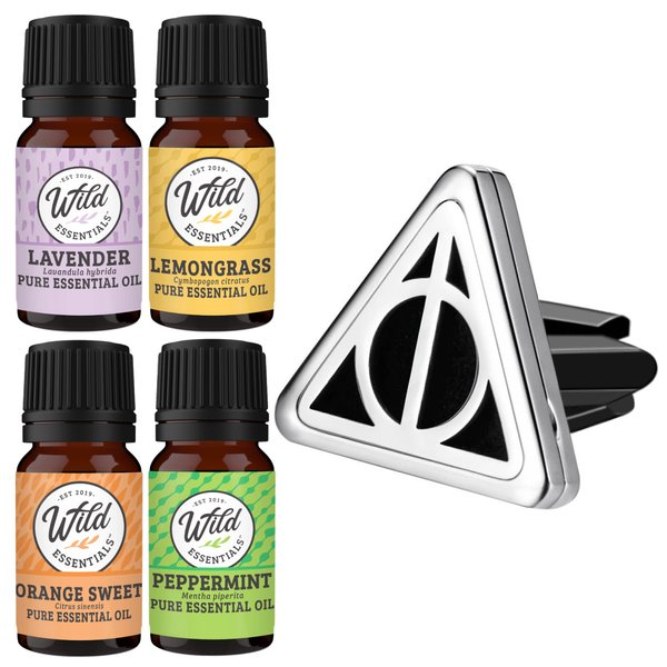 Wild Essentials Potter Hallows Essential Oil Car Vent Diffuser Kit with Lavender, Lemongrass, Peppermint, Orange Oils, Stainless Steel Locket Pendant, 8 Refill Pads, Color Changing Air Freshener
