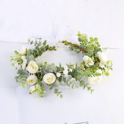 Vivivalue Women Flower Crown Flower Garland Headband Hair Wreath Floral Headpiece Halo Boho with Ribbon Wedding Party Photos White