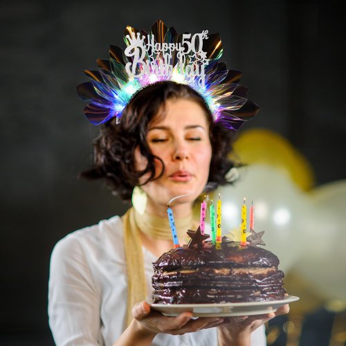 RENEMEGO Happy 50th Birthday Headband - Handmade LED Glowing Light Up Laser Birthday Crown 50 Years Old Bday Tiara Flashing Hair Hoop for Women Party Favors Gifts Photography Decoration Supplies