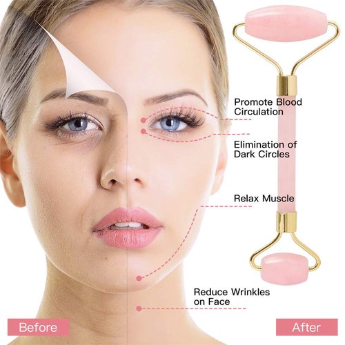 TOP-VRA Jade Roller,Rose Quartz Roller for Face,Jade Skincare Tool,Jade Facial Roller,Eye Roller Anti Aging Jade Massager Roller Slimming Healing Chakra Tool A-Rose Quartz (Golden)