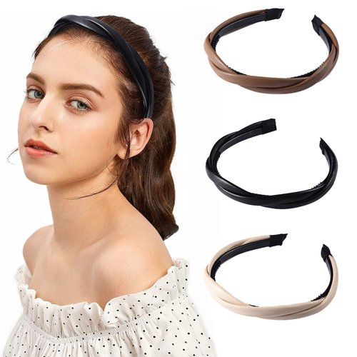 Womens Braided Headband | Leather Headbands for Women | 3-Pcs Set | Elastic PU Leather - Ideal for Daily Wear | Braided Design - Fashion Headbands for Girls | Hair Bands Suitable for Women and Girls