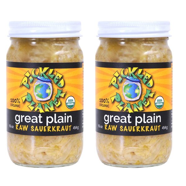 Organic Raw Sauerkraut, "Great Plain" Variety, 16 Oz Glass Jar, (2 Pack)