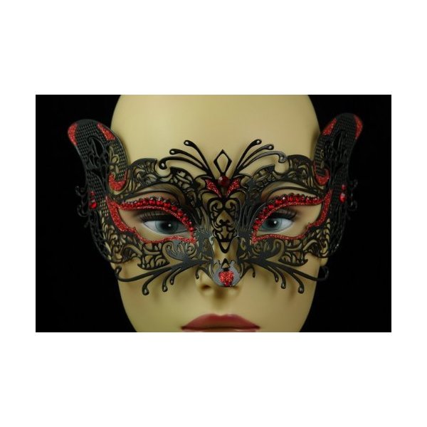 Laser Cut Venetian Halloween Masquerade Mask Costume Extravagant and Elegant Cat Detailed Inspire Design - Black w/Red Rhinestones