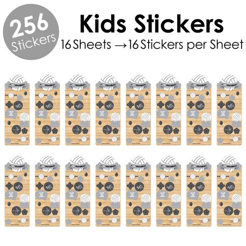 Big Dot of Happiness Bump, Set, Spike - Volleyball - Birthday Party Favor Kids Stickers - 16 Sheets - 256 Stickers
