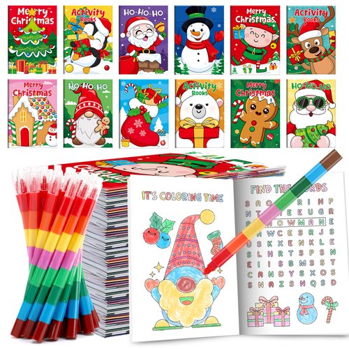 BenLouis Christmas Mini Coloring Activity Books Kids with Stacking Crayons Christmas Party Favors Bulk for Students Holiday Classroom School Gift Prizes Goodie Bags Stuffer （12set Activity ）