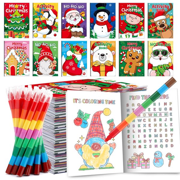 BenLouis Christmas Mini Coloring Activity Books Kids with Stacking Crayons Christmas Party Favors Bulk for Students Holiday Classroom School Gift Prizes Goodie Bags Stuffer （12set Activity ）