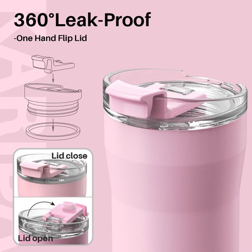 SANTECO Travel Coffee Mug 12 oz, Insulated Coffee Cups with Flip Lid, Stainless Steel Coffee Mugs Spill Proof, Double Wall Vacuum Tumblers, Reusable To Go Mug for Hot/Ice Coffee Tea - Pink