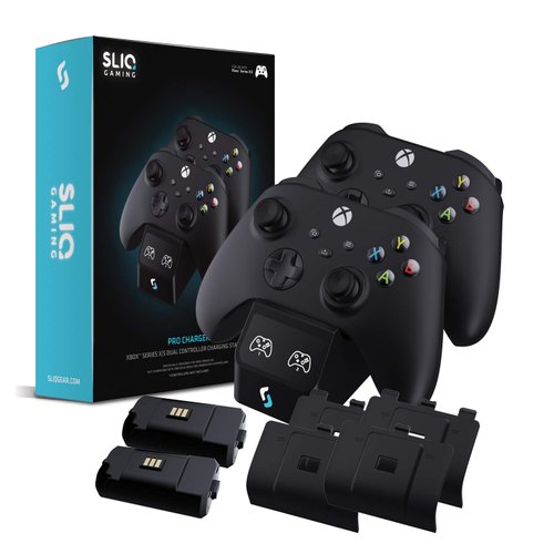 Sliq Gaming Pro MAX Xbox Controller Charger Station [2023 Upgraded] 2x2400mAh (3500mwh) Rechargeable Batteries for Xbox Series/One-X/S/Elite - Charging Station with Four Battery Covers & USB-C Cable