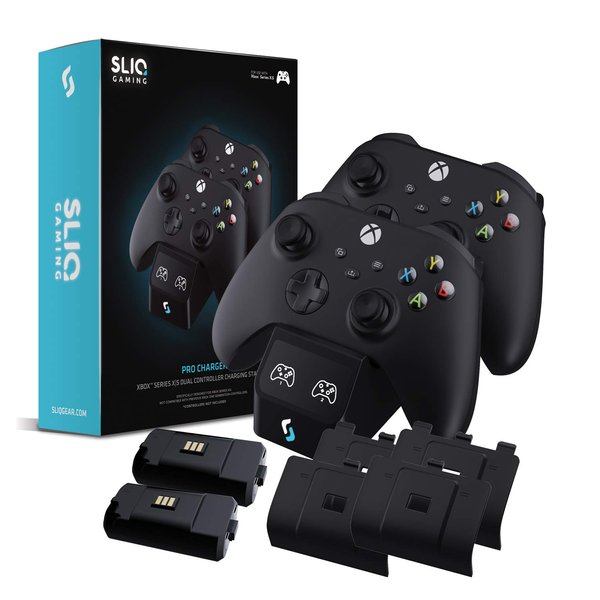 Sliq Gaming Pro MAX Xbox Controller Charger Station [2023 Upgraded] 2x2400mAh (3500mwh) Rechargeable Batteries for Xbox Series/One-X/S/Elite - Charging Station with Four Battery Covers & USB-C Cable
