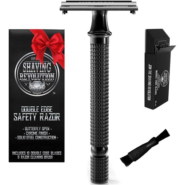 SHAVING REVOLUTION Long Handle Double Edge Safety Razor - Butterfly Open Razor 10 Japanese Stainless Steel Double Edge Blades - Close, Clean Shaving Razor Men., Black Long Handle, 12 Piece Set