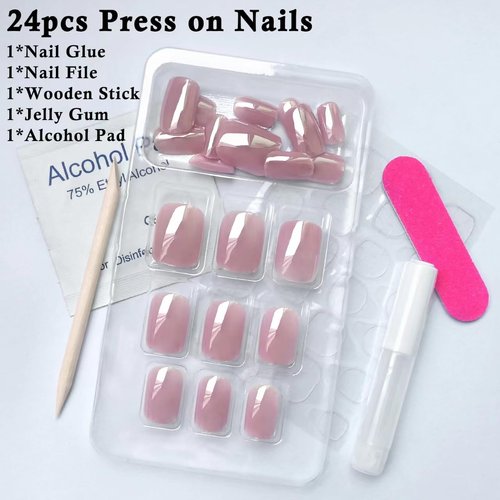 Bellelfin Short Press on Nails Square Pink Chrome Powder Design Fake Nails UV Gel Cover False Nails Reusable Acrylic Glue on Nails 24Pcs Stick on Nails for Women Girls Fingernails Decor