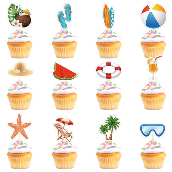 24 Pcs Summer Beach Cupcake Toppers with Ball Sun Umbrella Slippers Surfboard Watermelon Hawaiian Summer Pool Birthday Party Cake Decoration Supplies